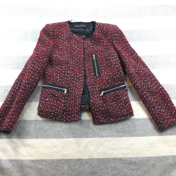 Zara Jackets & Blazers - Zara Woman Red Black Tweed Blazer Jacket Zipper